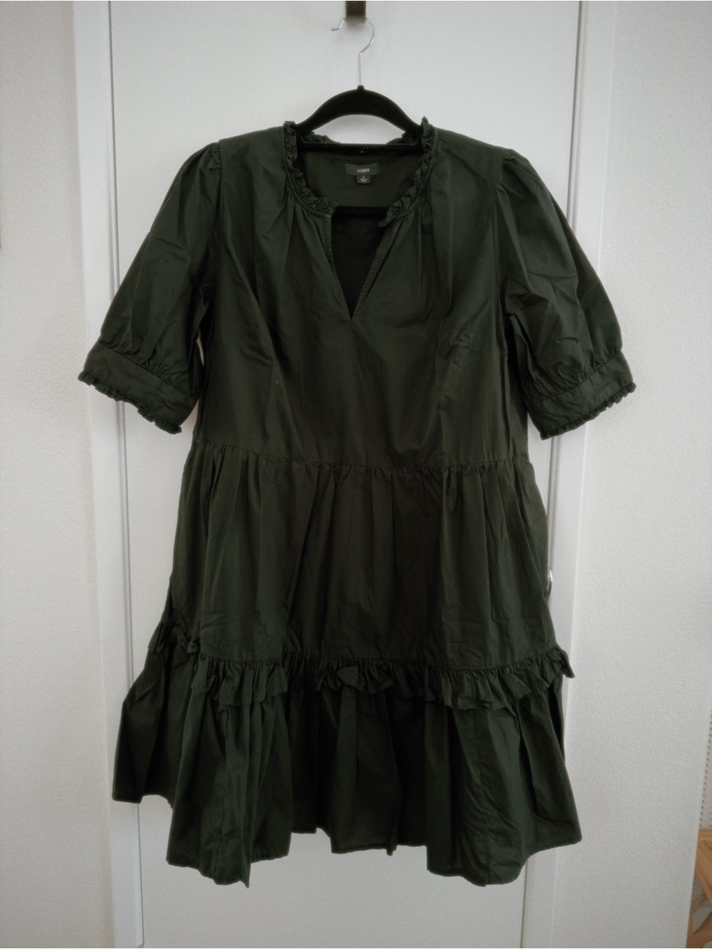 J. Crew Black Cotton Poplin Puff Sleeve Tiered Midi Dress